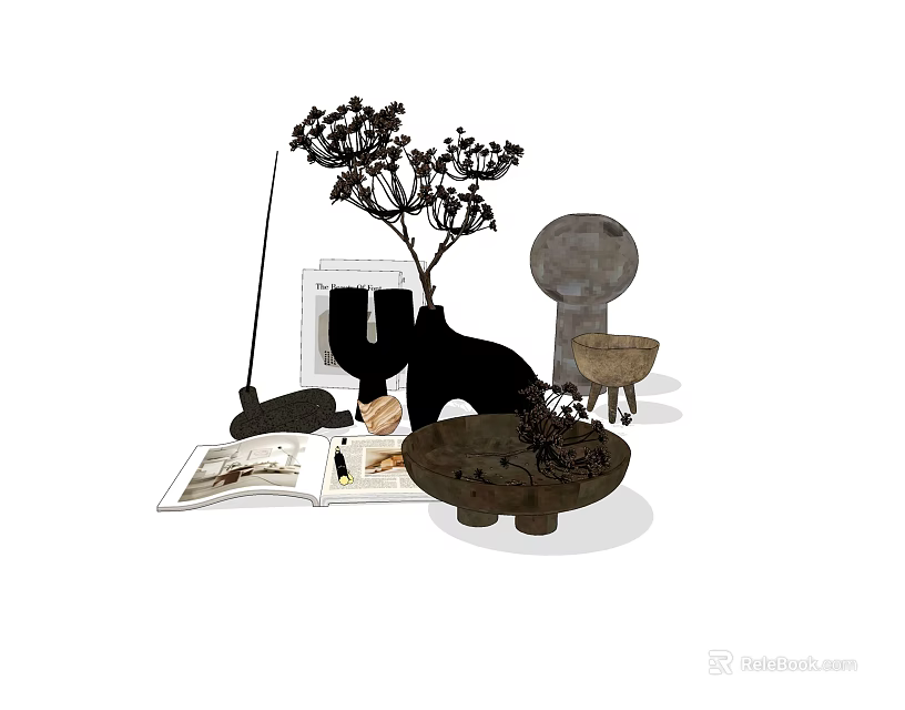 Decorative Ornament Set With Vase Dried Flowers Books And Sculptural Objects 3d model 