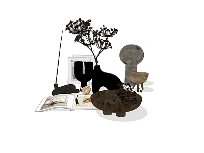 Decorative Ornament Set With Vase Dried Flowers Books And Sculptural Objects 3d model