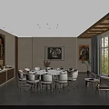 Elegant Private Dining Room With Round Table Chairs Artworks And Large Windows 3d model