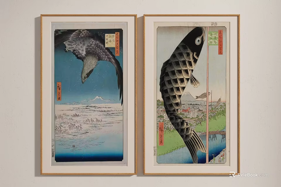 Traditional Japanese Ukiyo e Prints With Eagle Carp And Mountain Landscape 3d model 