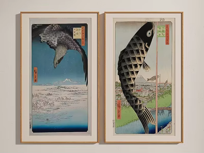 Traditional Japanese Ukiyo e Prints With Eagle Carp And Mountain Landscape 3d model