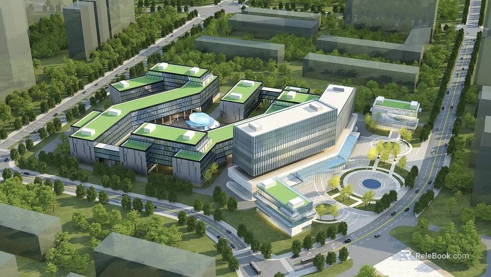 Modern Industrial Factory Complex With Green Roofs Surrounded By Trees And Roads 3d model 