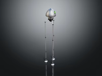Silver Robot With Green Eye And Long Slender Legs Standing On Dark Surface 3d model