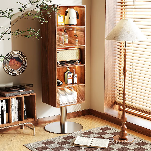 Cozy Living Room Corner Wooden Storage Cabinet With Metal Base Vintage Radio And Wine Bottles 3d model 