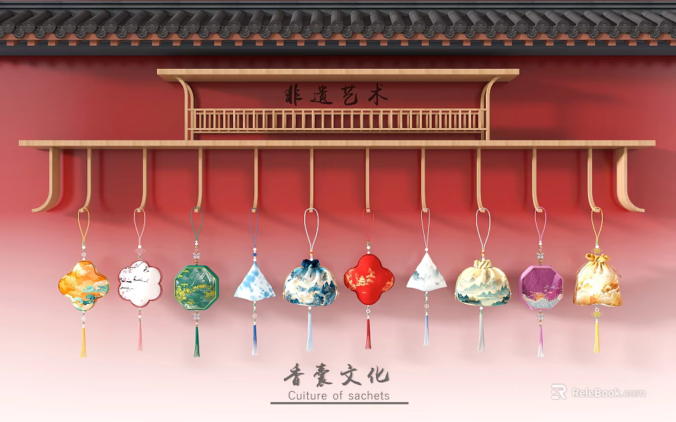Traditional Chinese Hanging Ornaments with Qing Nang Culture Elements Colorful Patterns Tassels and Eaves 3d model 