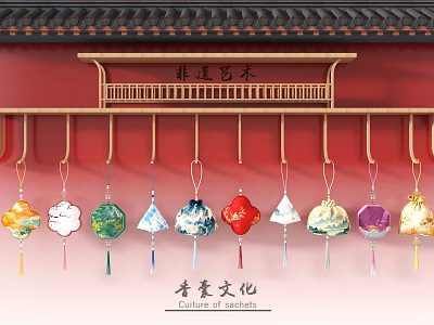 Traditional Chinese Hanging Ornaments with Qing Nang Culture Elements Colorful Patterns Tassels and Eaves 3d model