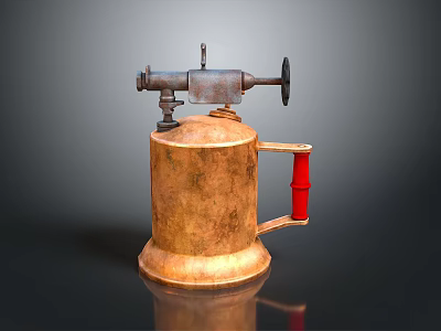 Flamethrower Weapon With Brass Colored Body Red Handle And Metal Mechanical Structure 3d model