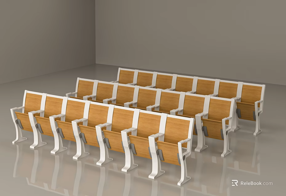 Modern Indoor Public Chairs With Wooden Seats And White Frames In Multiple Rows 3d model 