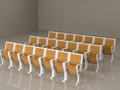 Modern Indoor Public Chairs With Wooden Seats And White Frames In Multiple Rows 3d model