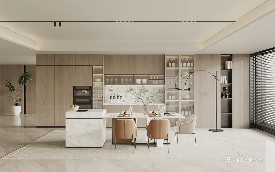 Modern Restaurant Open Kitchen Design With Island Counter Dining Table And Chairs 3d model 