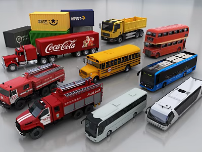 Variety of Vehicle Models Including Coca Cola Truck Fire Trucks School Bus and Buses 3d model