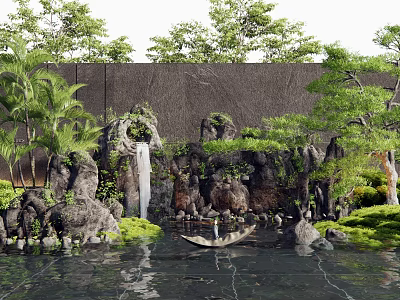 rockery waterscape rockery stone falling water landscape waterscape overlapping water plant pile plant combination 3d model