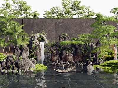 rockery waterscape rockery stone falling water landscape waterscape overlapping water plant pile plant combination 3d model