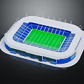 Fitness Sports Stadium With Blue Seats White Design And Green Football Pitch