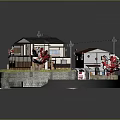 Cartoon Style Japanese Village Scene With Traditional Houses Pathway And Red Decorations
