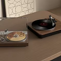 Stylish Audio Turntables With Transparent Cover Golden And Black Records On Wooden Desktop