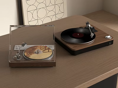 Stylish Audio Turntables With Transparent Cover Golden And Black Records On Wooden Desktop 3d model