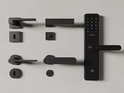 Collection of Black Modern Door Handles with Smart Lock and Hardware Accessories 3d model