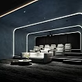 Modern Home Theater Interior With Large Screen TV Gray Sofa Red Armchair Bookshelves And Spotlights