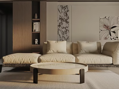 Modern Beige Three Seater Sofa With Comfortable Cushions Round Coffee Table And Decorative Wall 3d model