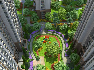 Garden Landscape Between High-Rise Buildings With Green Lawn Trees Flowers And Playground 3d model