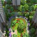 Garden Landscape Between High-Rise Buildings With Green Lawn Trees Flowers And Playground