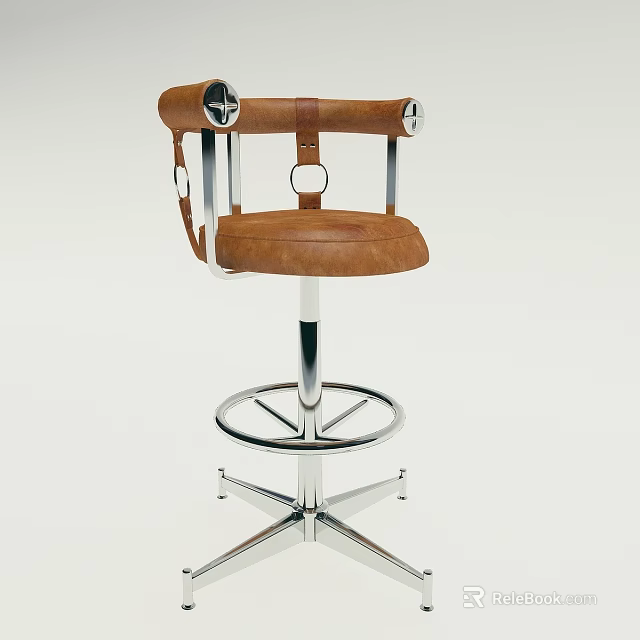 Brown Leather Bar Stool With Chrome Metal Frame Adjustable Height Round Base Modern Design 3d model