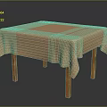Wooden Dining Table Featuring Orange Polka Dot Tablecloth For Home Decor 3d model