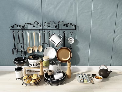 Stylish Tableware Set With Wall Mounted Rack Kitchen Utensils Containers Teapot And Cookie Rack 3d model