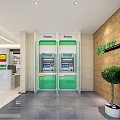 Bank Lobby Interior With Automatic Doors Waiting Chairs Service Counter Bright Lighting And Advertising Displays