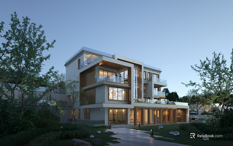 Modern Detached Villa Exterior Design With Large Glass Windows Wooden Balcony And Garden Surroundings 3d model 