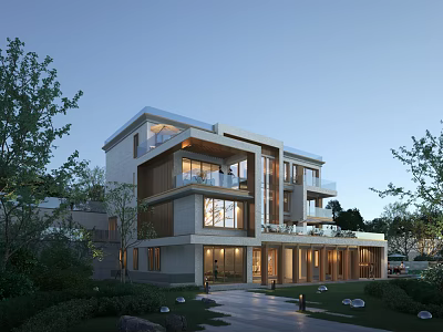 Modern Detached Villa Exterior Design With Large Glass Windows Wooden Balcony And Garden Surroundings 3d model