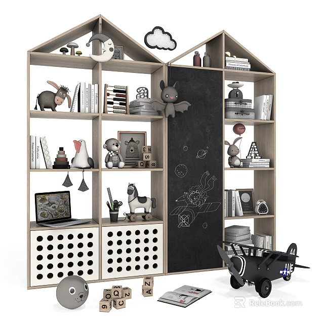 Wooden Kids Bookcase With Stuffed Animals Books Hand-Drawn Chalkboard Toy Plane And Decorations 3d model 