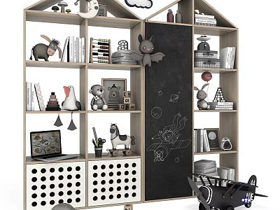 Wooden Kids Bookcase With Stuffed Animals Books Hand-Drawn Chalkboard Toy Plane And Decorations 3d model