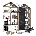 Wooden Kids Bookcase With Stuffed Animals Books Hand-Drawn Chalkboard Toy Plane And Decorations