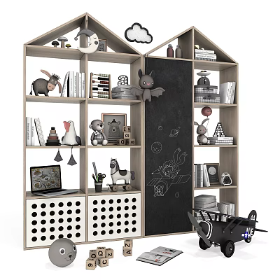 Wooden Kids Bookcase With Stuffed Animals Books Hand-Drawn Chalkboard Toy Plane And Decorations 3d model