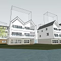 White Modern School Building Exterior With Balconies Grassland Water Trees And Blue Sky