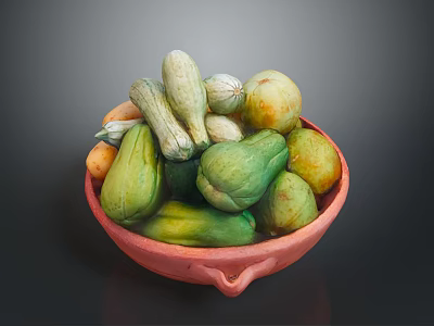 Assorted Fresh Green And Yellow Vegetables in Red Clay Bowl 3d model