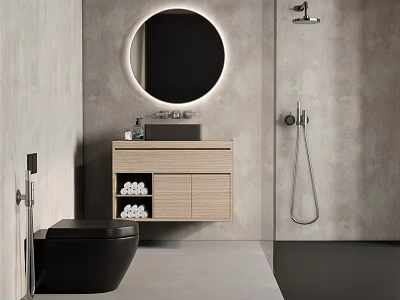 Modern Bathroom Interior With Wooden Cabinet Washbasin And Round Backlit Mirror 3d model