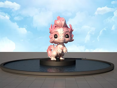 Cute Pink Mythical Creature Sculpture Standing On Black Circular Base With Water And Blue Sky Background 3d model