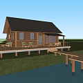 Wooden House in Natural Surroundings with Wooden Deck Chairs Green Lawn and Lakeside View