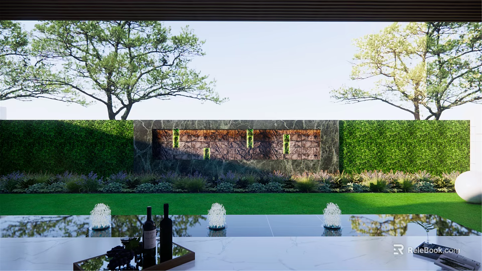 Modern Garden Landscape Design With Lush Hedge Stone Wall Lighting Trees And Water Reflection 3d model 