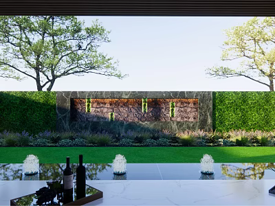 Modern Garden Landscape Design With Lush Hedge Stone Wall Lighting Trees And Water Reflection 3d model