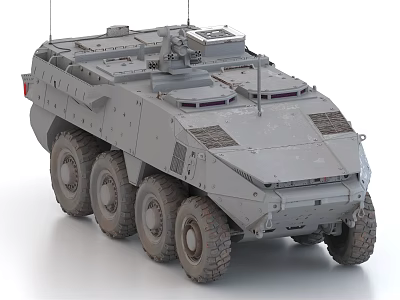 Gray Armored Six Wheeled Military Tank With Top Mounted Equipment And Rugged Design 3d model