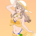 Woman In Yellow Bikini Top And Floral Skirt With White Sun Hat On Orange Background