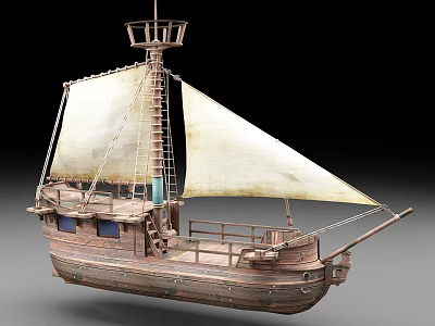 Wooden Sailing Ship Model With White Sails Tall Mast And Deck Railings 3d model