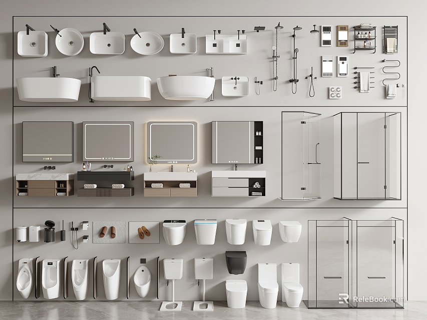 Modern Bathroom Set With Sinks Mirrors Toilets Shower Fixtures And Cabinets 3d model 