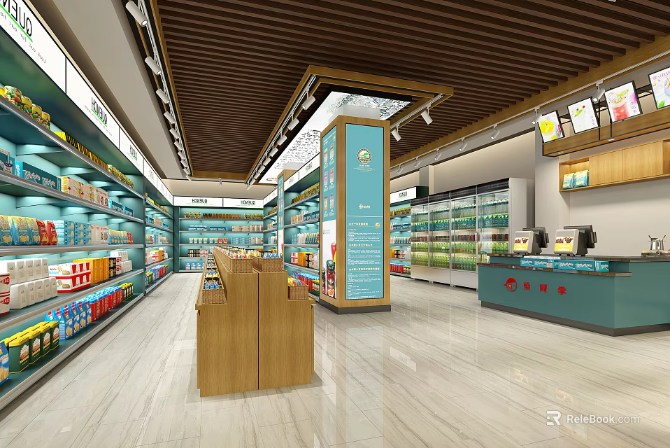 Modern Supermarket Interior With Shelves Refrigerators Checkout Counter And Product Displays 3d model 