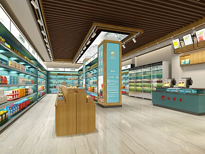Modern Supermarket Interior With Shelves Refrigerators Checkout Counter And Product Displays 3d model