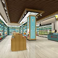 Modern Supermarket Interior With Shelves Refrigerators Checkout Counter And Product Displays